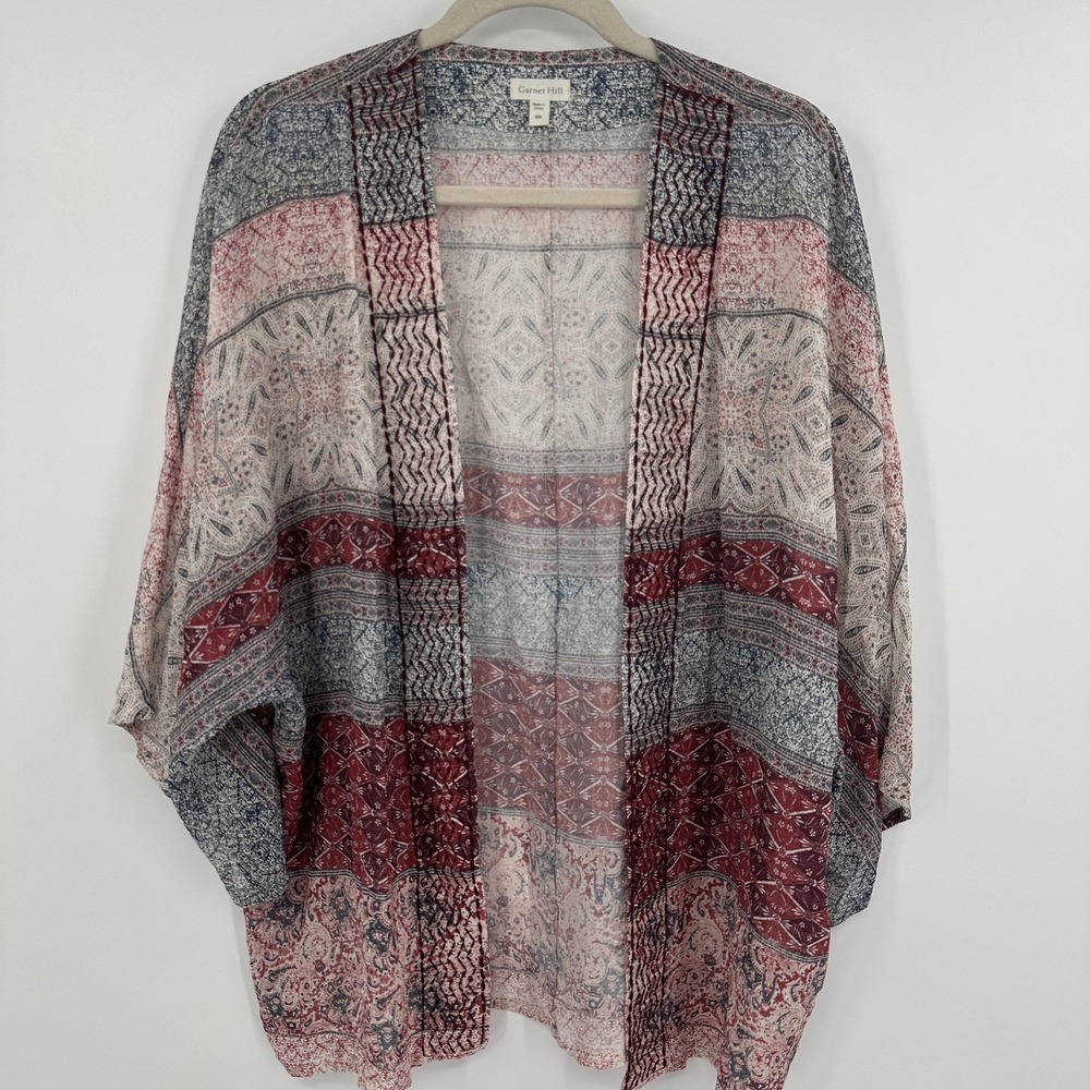 Garnet Hill Kimono Womens Small Red Blue Sheer Silk Boho Open Front Lightweight